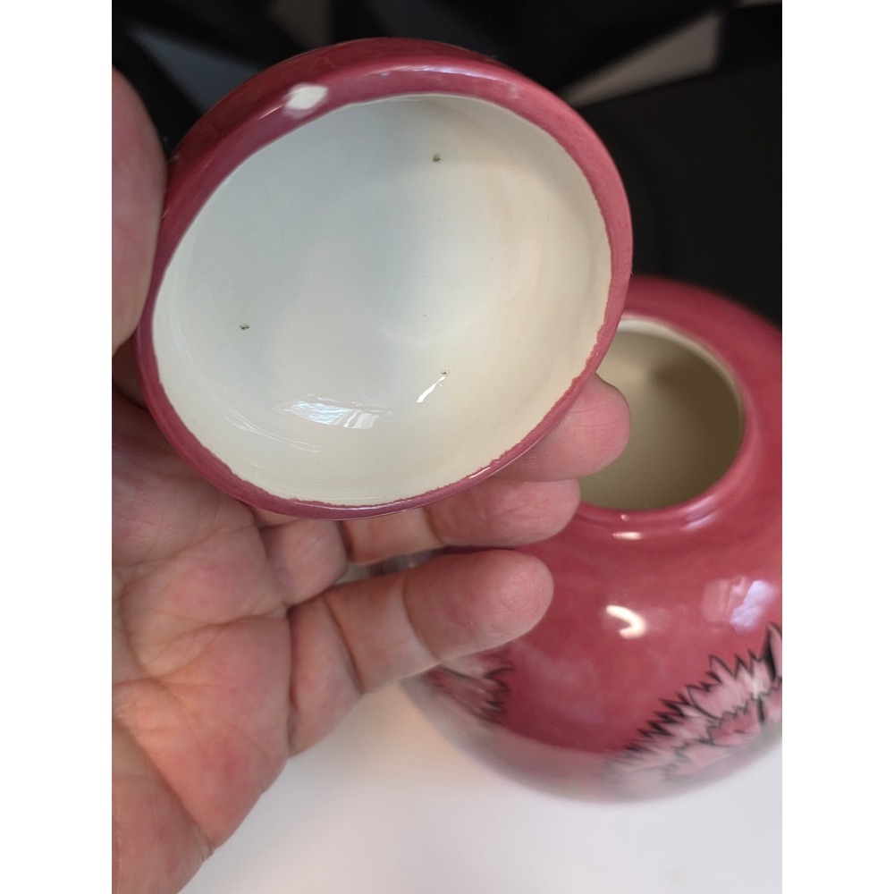 Vintage Signed Hand Painted Pink Floral Ceramic Ginger Jar with Lid 5.75" - Picture 10 of 10